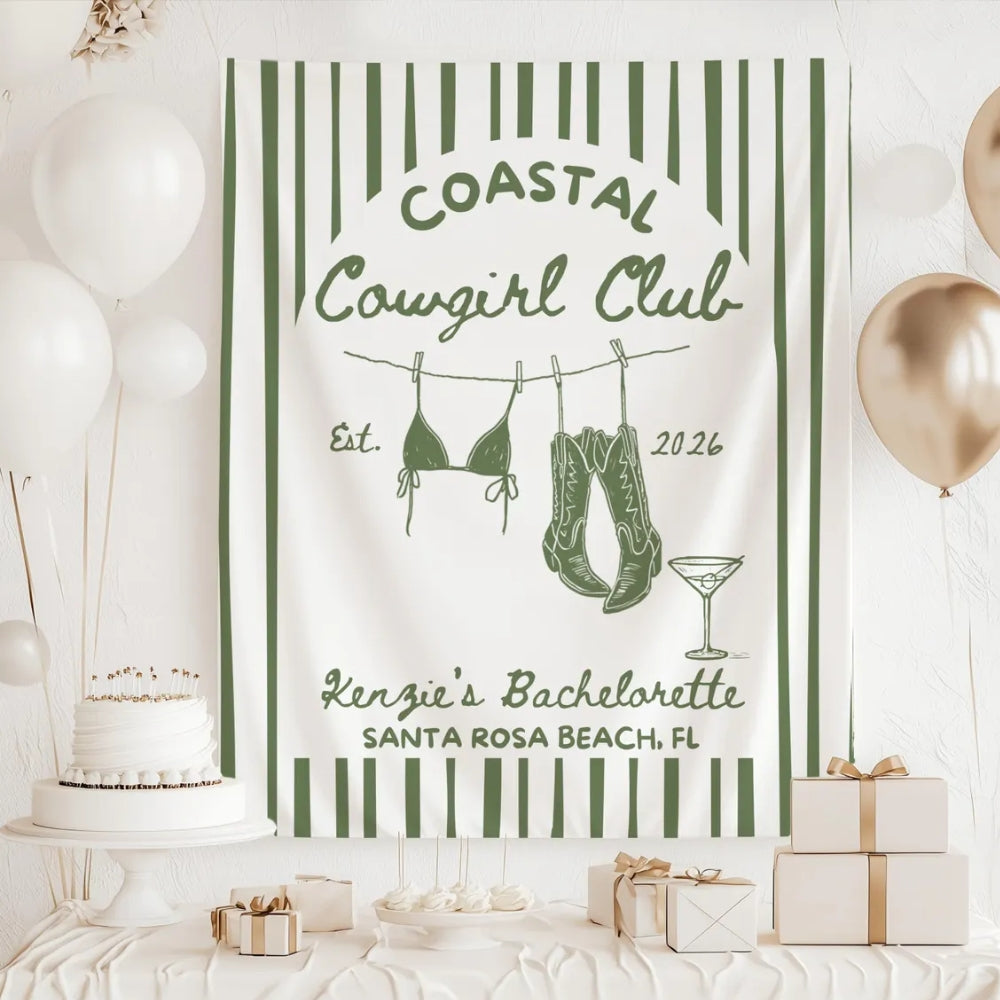 Coastal Cowgirl Club Personalized Bachelorette Banner, Custom Western Beach Bachelorette Party Banner WD0534