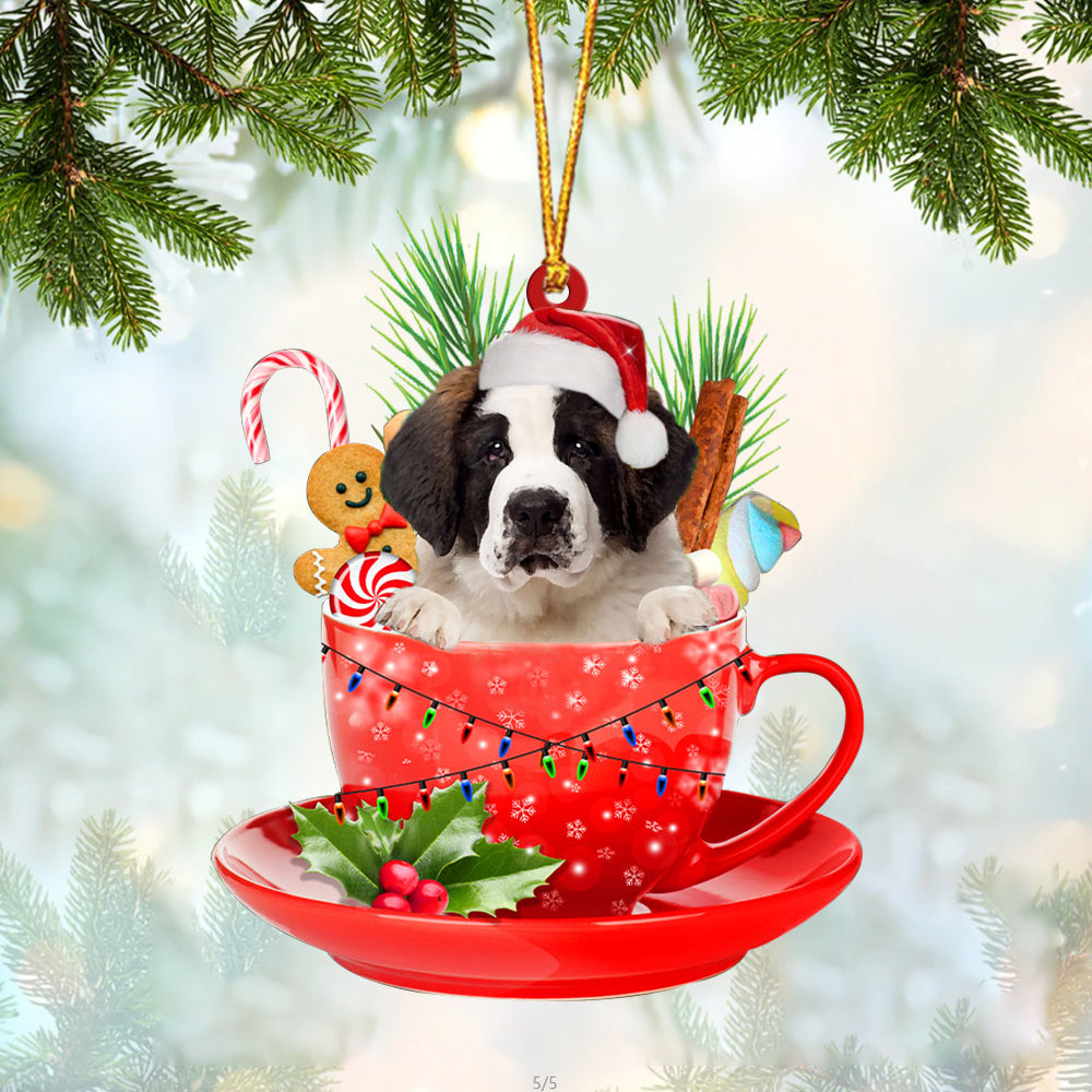 Saint Bernard In Cup Merry Christmas Ornament Flat Acrylic Dog Ornament OO1930
