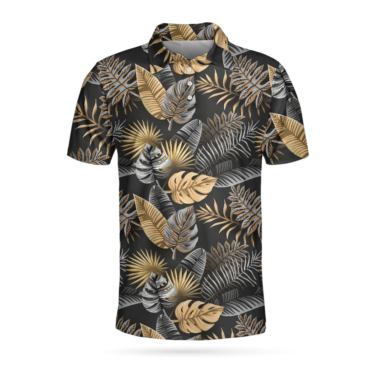 Seamless Luxury Tropical Pattern Golf Polo Shirt, Black And Gold Best Floral Golf Shirt For Men Lasfour SO1412