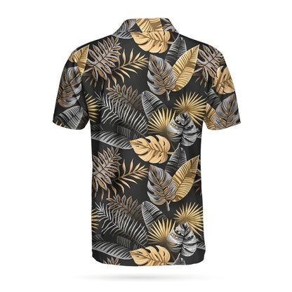Seamless Luxury Tropical Pattern Golf Polo Shirt, Black And Gold Best Floral Golf Shirt For Men Lasfour SO1412
