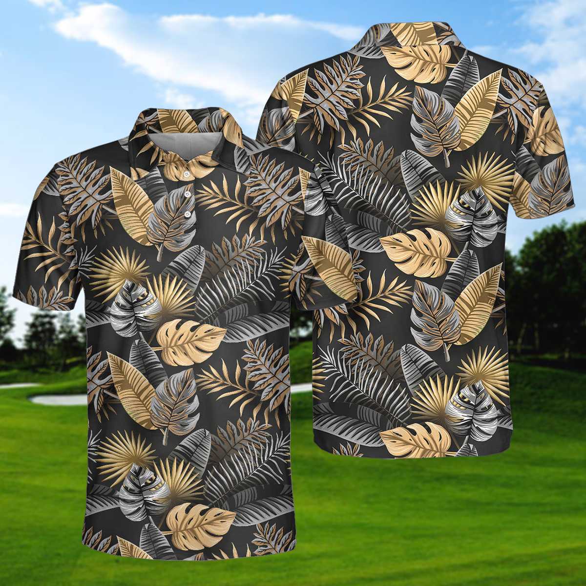 Seamless Luxury Tropical Pattern Golf Polo Shirt, Black And Gold Best Floral Golf Shirt For Men Lasfour SO1412