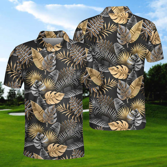 Seamless Luxury Tropical Pattern Golf Polo Shirt, Black And Gold Best Floral Golf Shirt For Men Lasfour SO1412