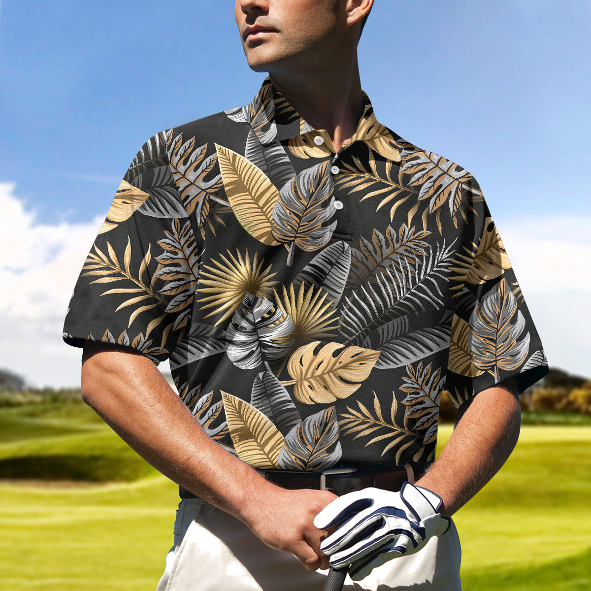 Seamless Luxury Tropical Pattern Golf Polo Shirt, Black And Gold Best Floral Golf Shirt For Men Lasfour SO1412
