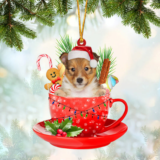 Shetland Sheepdog In Cup Merry Christmas Ornament Flat Acrylic Dog Ornament OO1849