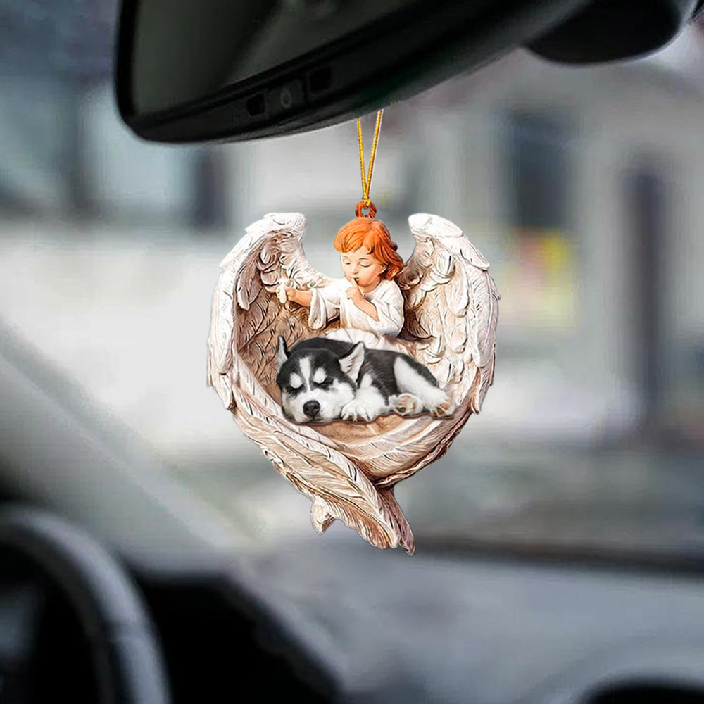 Sleeping Husky Protected By Angel Car Mirror Hanging Ornament OO1060
