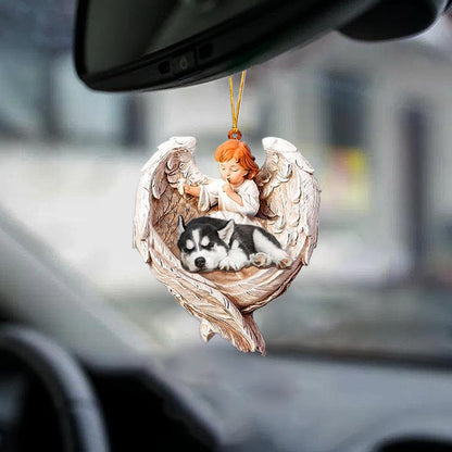 Sleeping Husky Protected By Angel Car Mirror Hanging Ornament OO1060