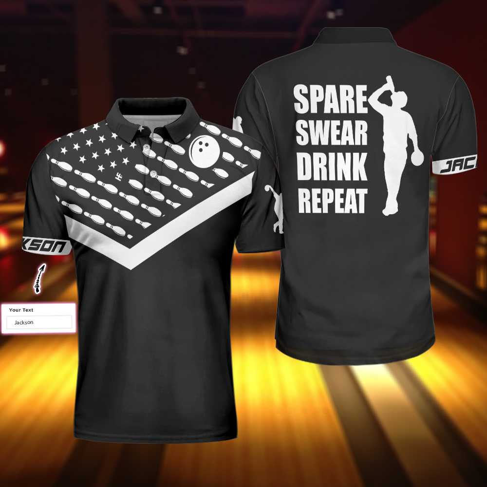 Spear Swear Drink Repeat Bowling Custom Polo Shirt, Personalized Black American Flag Bowling Shirt For Men Lasfour SO0764