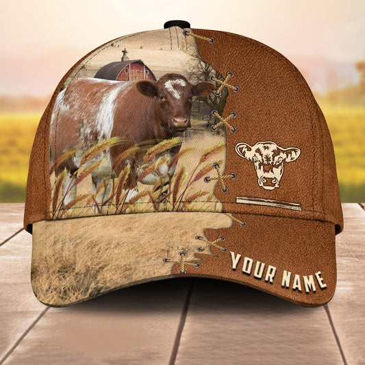 Shorthorn Custom Name Brown Leather Paern 3D Cap 3D All Over Print Baseball Cap, Cap For Farm Lovers, Animal Cap, Leather Pattern Cap CA3188