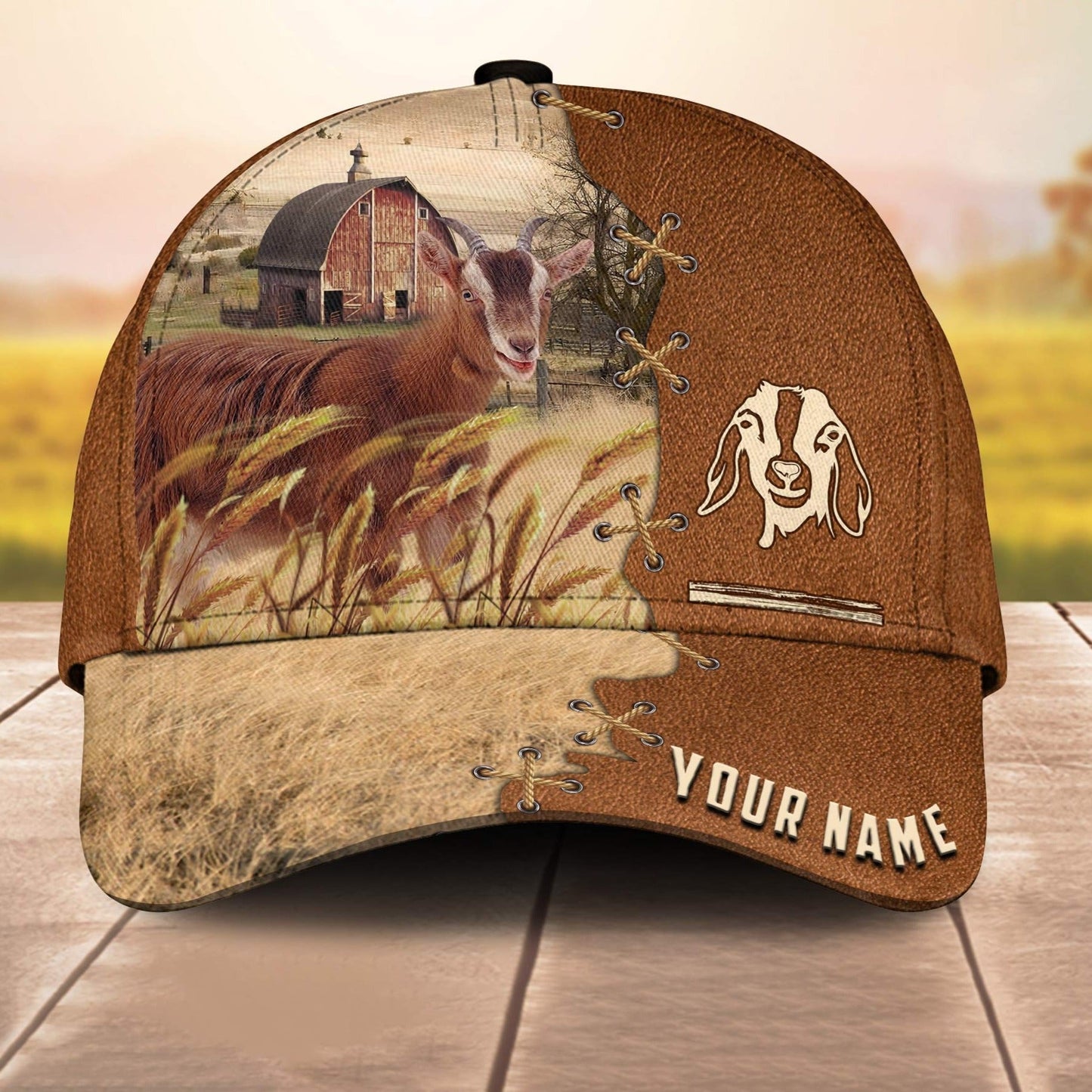 Goat Custom Name Brown Leather Pattern 3D Cap 3D All Over Print Baseball Cap, Cap For Farm Lovers, Animal Cap, Leather Pattern Cap CA3189