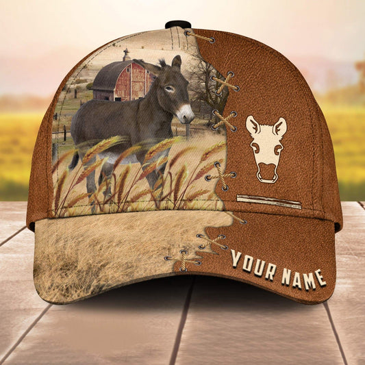 Donkey Custom Name Brown Leather Pattern 3D Cap 3D All Over Print Baseball Cap, Cap For Farm Lovers, Animal Cap, Leather Pattern Cap CA3191