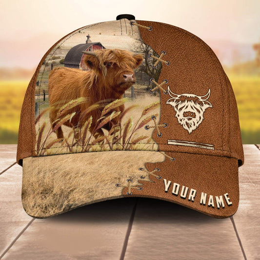 Miniature Highland Custom Name Brown Leather Paern 3D Cap 3D All Over Print Baseball Cap, Cap For Farm Lovers, Animal Cap, Leather Pattern Cap CA3192