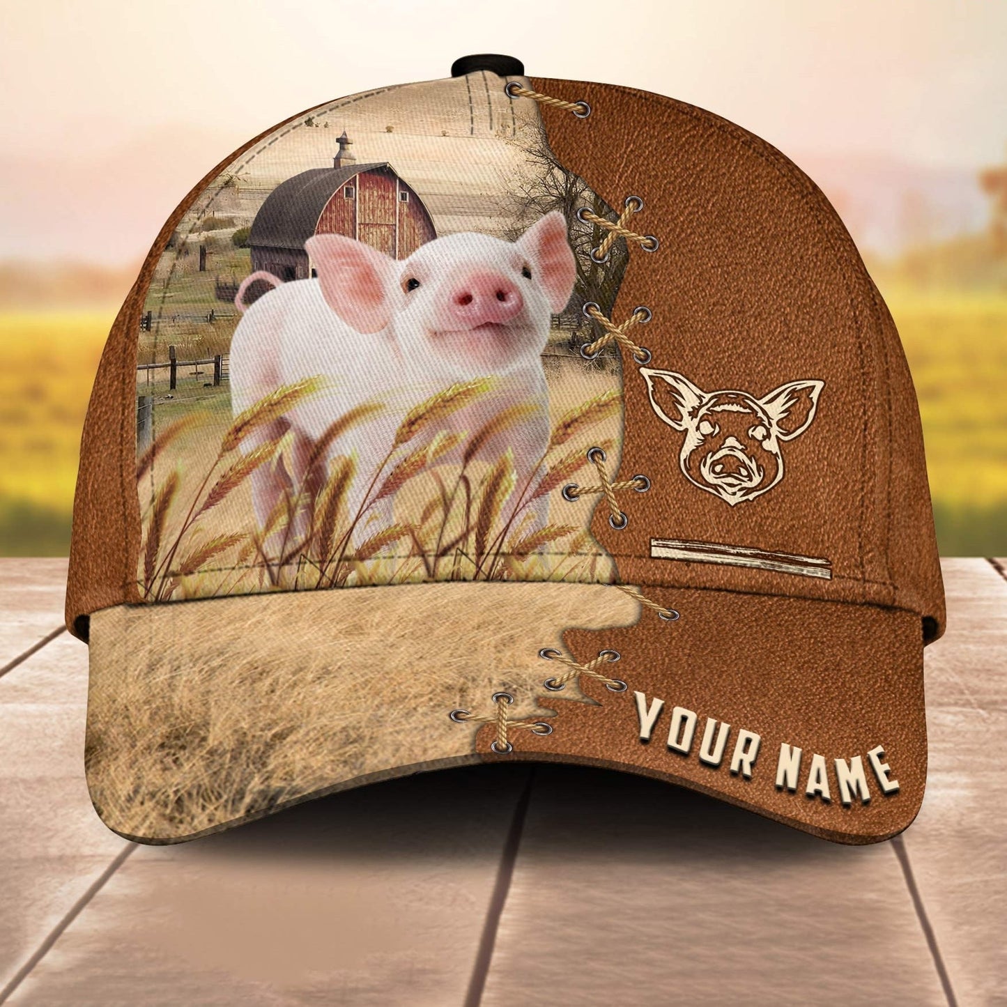 Pig Custom Name Brown Leather Paern 3D Cap 3D All Over Print Baseball Cap, Cap For Farm Lovers, Animal Cap, Leather Pattern Cap CA3193