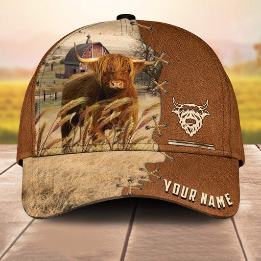 Highland Custom Name Brown Leather Pattern 3D Cap 3D All Over Print Baseball Cap, Cap For Farm Lovers, Animal Cap, Leather Pattern Cap CA3178