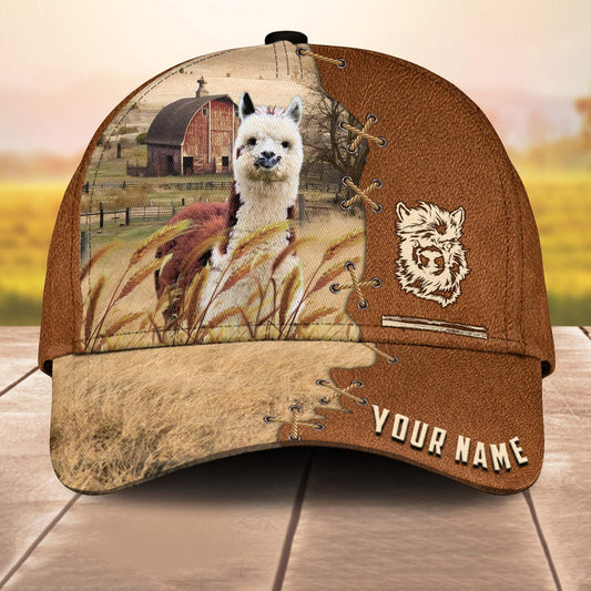 Llama Custom Name Brown Leather Pattern 3D Cap 3D All Over Print Baseball Cap, Cap For Farm Lovers, Animal Cap, Leather Pattern Cap CA3196