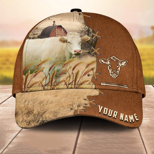 Charolais No Horn Custom Name Brown Leather Paern 3D Cap 3D All Over Print Baseball Cap, Cap For Farm Lovers, Animal Cap, Leather Pattern Cap CA3197