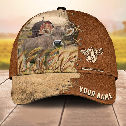 Brown Swiss Custom Name Brown Leather Paern 3D Cap 3D All Over Print Baseball Cap, Cap For Farm Lovers, Animal Cap, Leather Pattern Cap CA3198