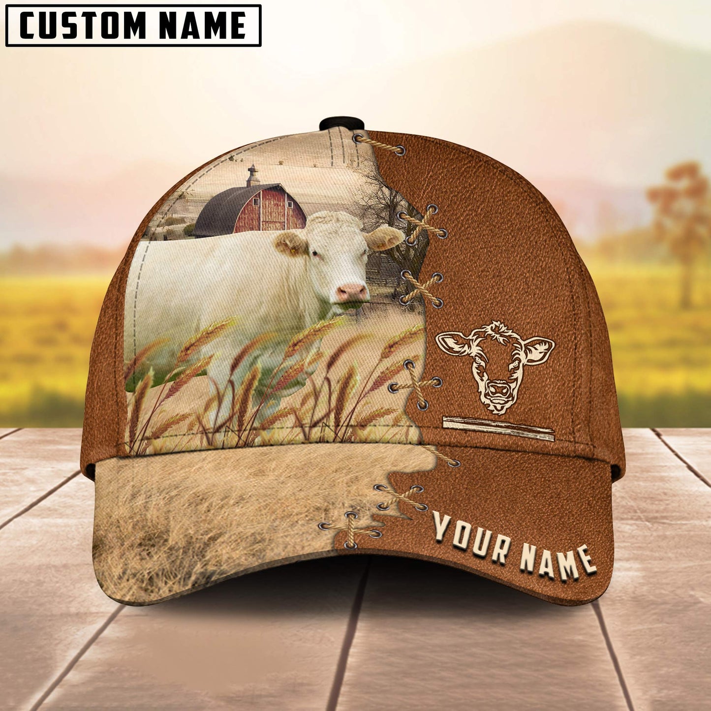 Charolais Custom Name Brown Leather Paern 3D Cap 3D All Over Print Baseball Cap, Cap For Farm Lovers, Animal Cap, Leather Pattern Cap CA3180