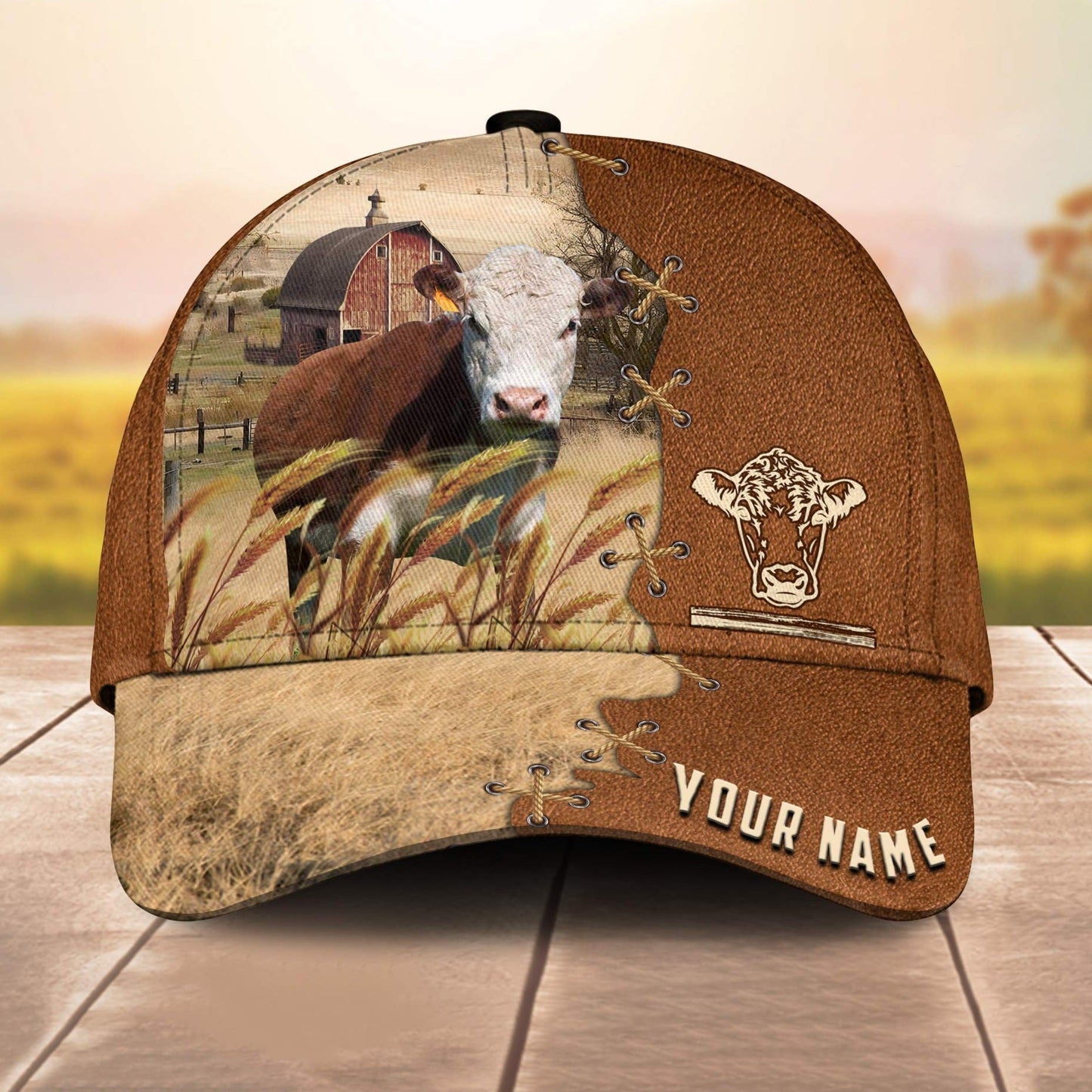 Hereford Custom Name Brown Leather Pattern 3D Cap 3D All Over Print Baseball Cap, Cap For Farm Lovers, Animal Cap, Leather Pattern Cap CA3181