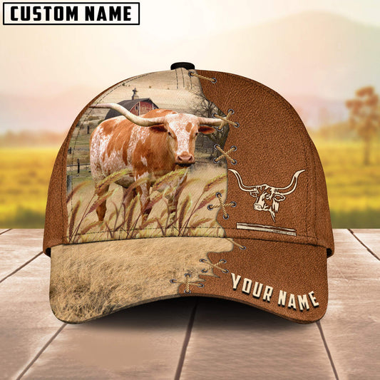 Texas Longhorn Custom Name Brown Leather Paern 3D Cap 3D All Over Print Baseball Cap, Cap For Farm Lovers, Animal Cap, Leather Pattern Cap CA3182