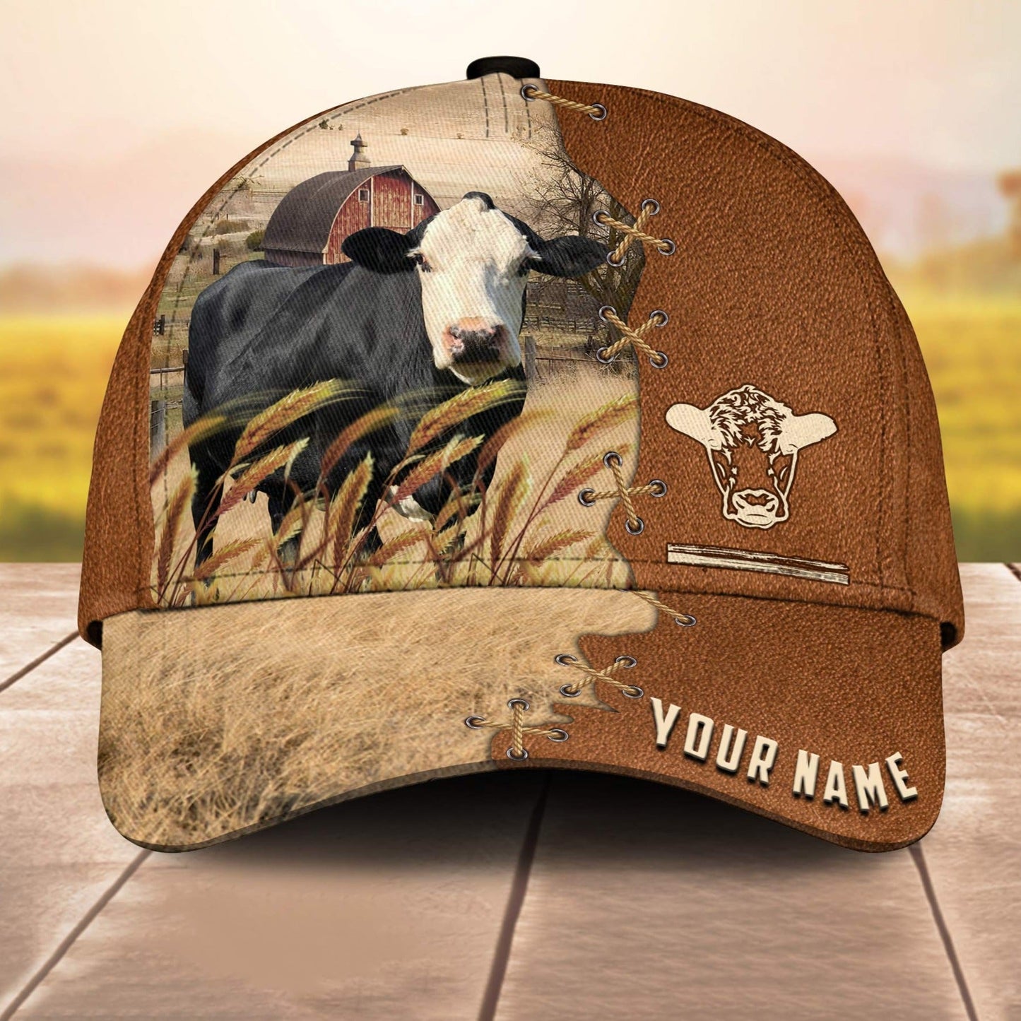 Black Baldy Custom Name Brown Leather Paern 3D Cap 3D All Over Print Baseball Cap, Cap For Farm Lovers, Animal Cap, Leather Pattern Cap CA3185