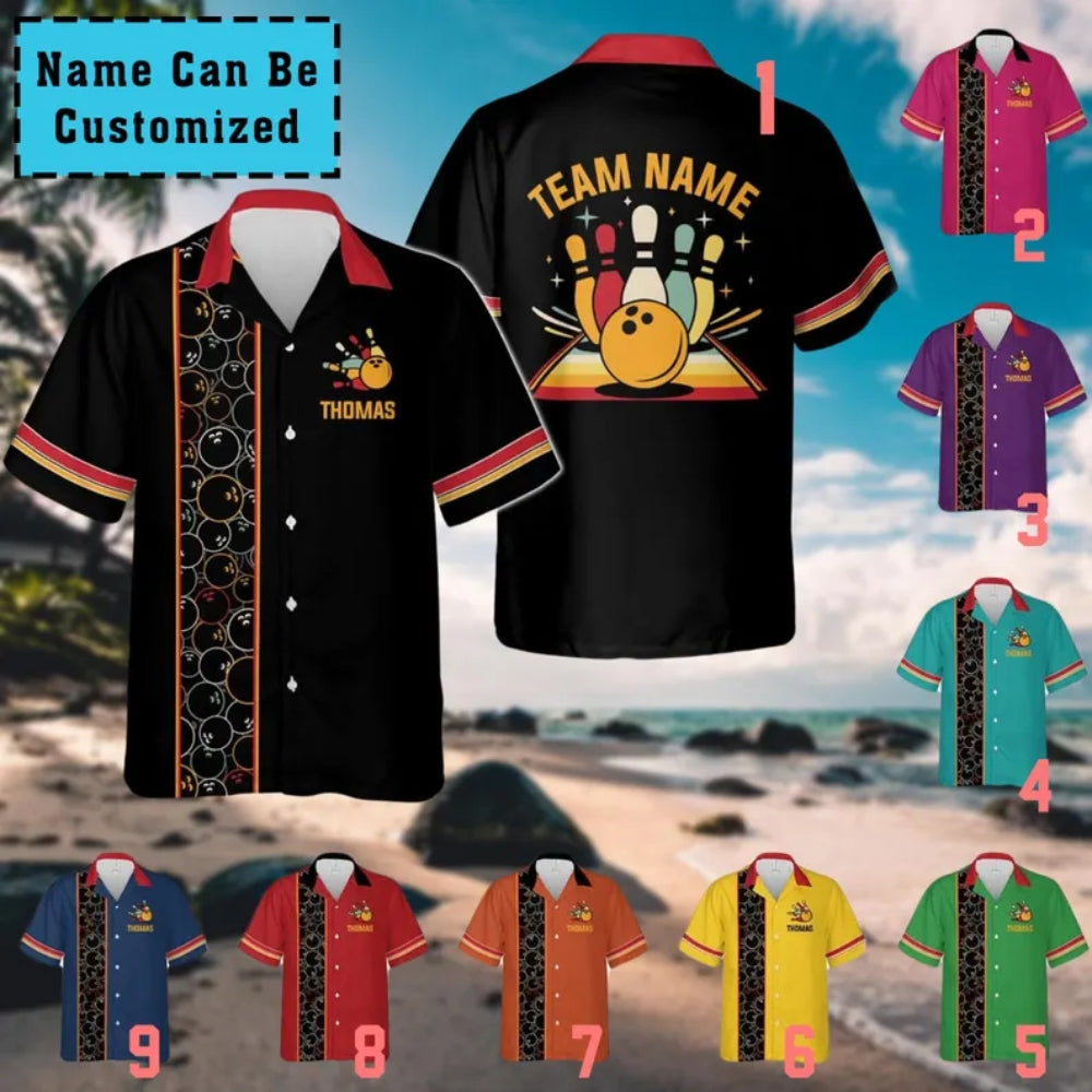 Custom Retro Black Bowling Hawaiian Shirt Men Women, Custom Team Retro Bowling Shirts BE0179