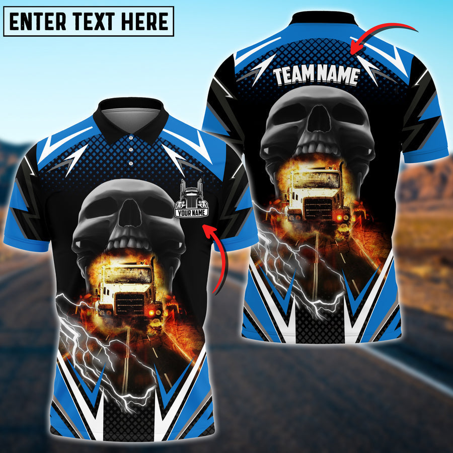 Truck Skull Thunder Lights Personalized Name 3D Polo Shirt For Truck Driver 4 Colors TO3513