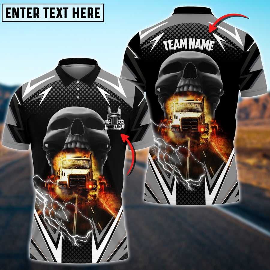 Truck Skull Thunder Lights Personalized Name 3D Polo Shirt For Truck Driver 4 Colors TO3513