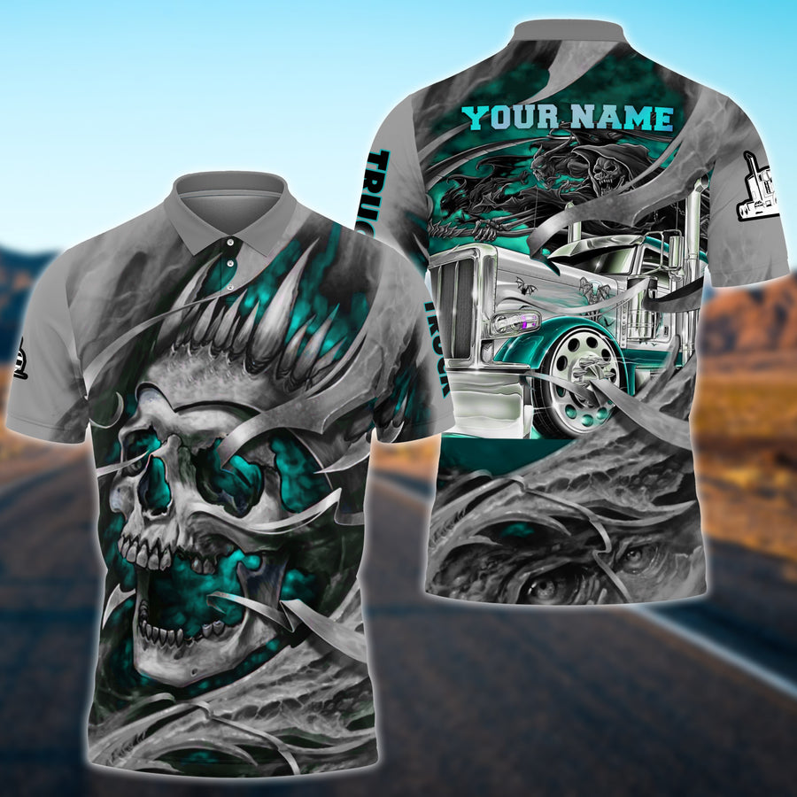 Personalized Name Multicolor Teal Skull Truck All Over Printed Unisex Shirt, Uniform Polo Shirt Truck Driver TO3535