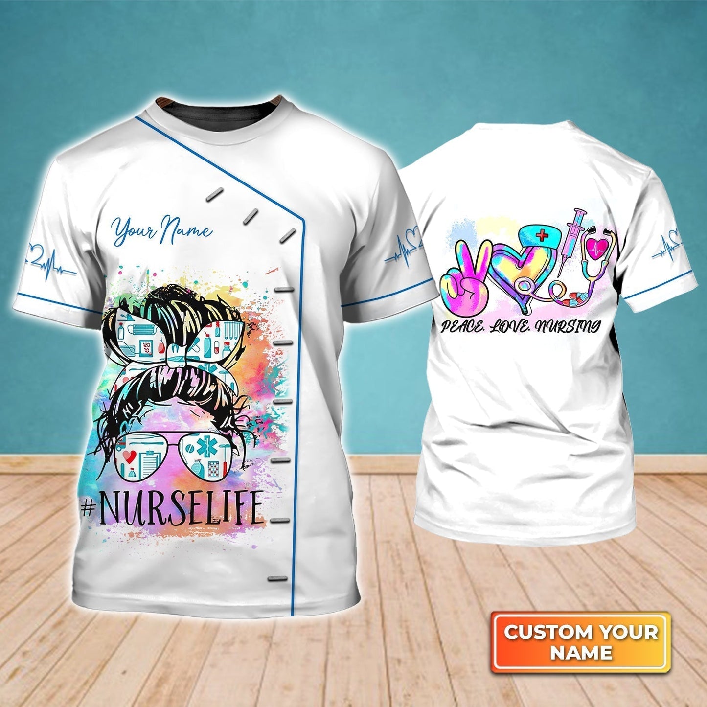 Personalized 3D Registered Nurse T Shirt Peace Love Nursing Nurse Life Watercolor Tee 3D TO1846