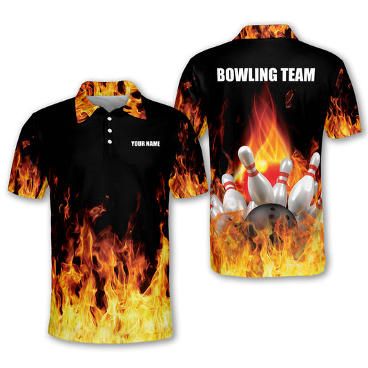 Custom Bowling Shirts For Men - Men's Custom Bowling Shirts With Name On Back - Flame Short Sleeve Bowling Shirts For Men - Crazy Fire Bowling Shirt BM0043