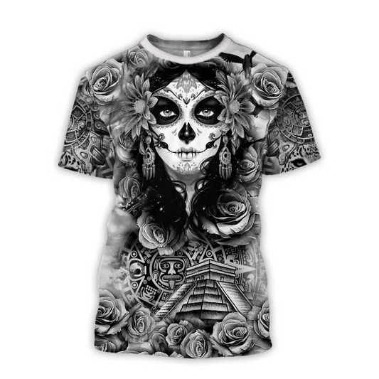 3D Black And White Aztec Shirt Mexican Aztec Day Of The Dead Pattern TO1571