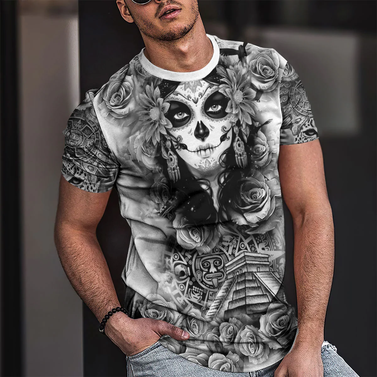 3D Black And White Aztec Shirt Mexican Aztec Day Of The Dead Pattern TO1571