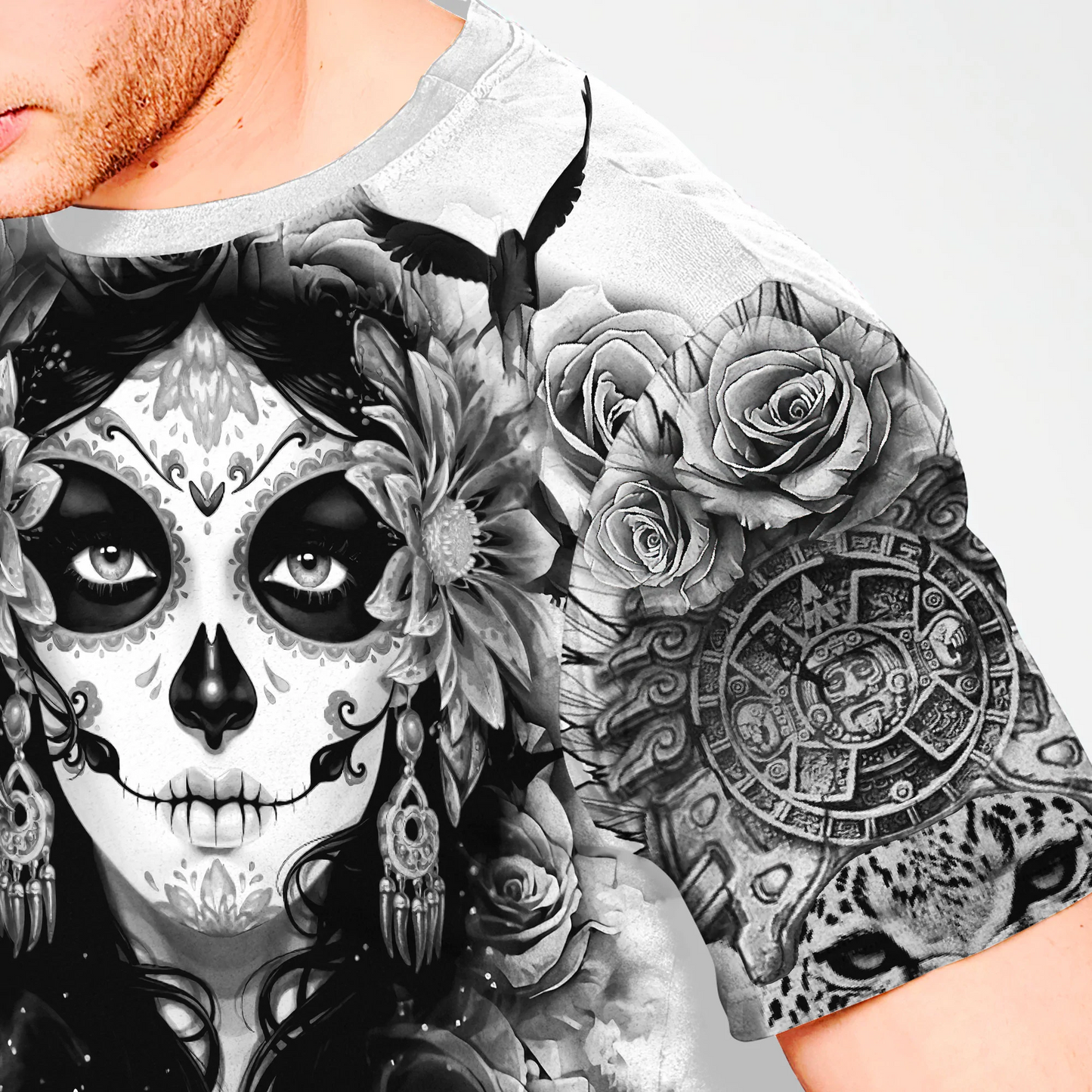 3D Black And White Aztec Shirt Mexican Aztec Day Of The Dead Pattern TO1571