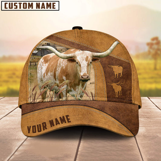 Custom Name Texas Longhorn Cale 3D Cap 3D All Over Print Baseball Cap, Cap For Farm Lovers, Animal Cap, Leather Pattern Cap CA2990