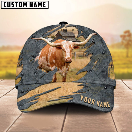 Texas Longhorn Customized Name 3D Cap 3D All Over Print Baseball Cap, Cap For Farm Lovers, Animal Cap, Leather Pattern Cap CA3211