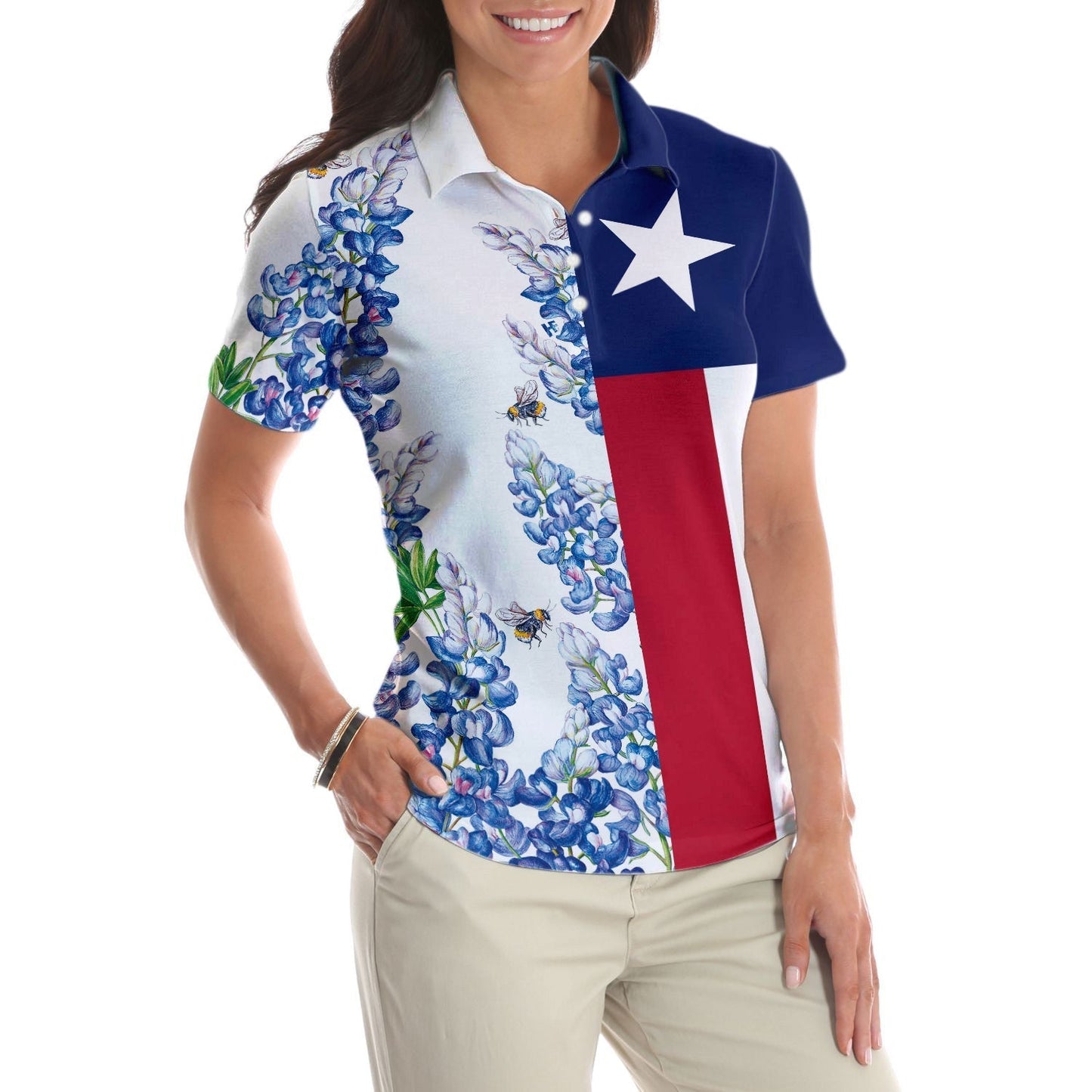Texas Flag Bluebonnets Polo Shirt For Woman Short Sleeve Women Polo Shirt Lasfour SO1420