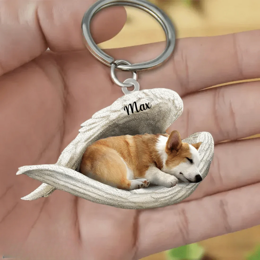 Personalized Corgi Sleeping Angle Keychain, Custom Name Dog Acrylic Flat Keychain Memorial Keychain KO0205