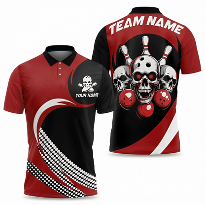 Skull Custom Black And Red Bowling Polo Shirt Mens, Custom Skull Bowling Team Shirt BZ0716