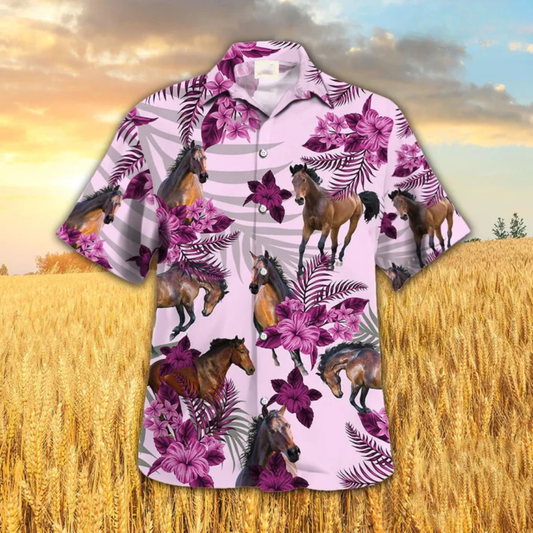 Horse Hibiscus Hawaiian Shirt, Pink Hawaiian Shirt For Animal Lovers HO4664