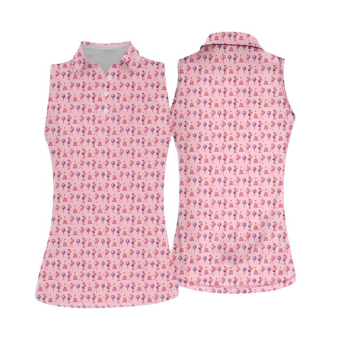 Par The Bar Disco Flamingo Sleeveless Golf Shirt For Ladies, Fun Flamingo Golf Shirt Wome GE0435