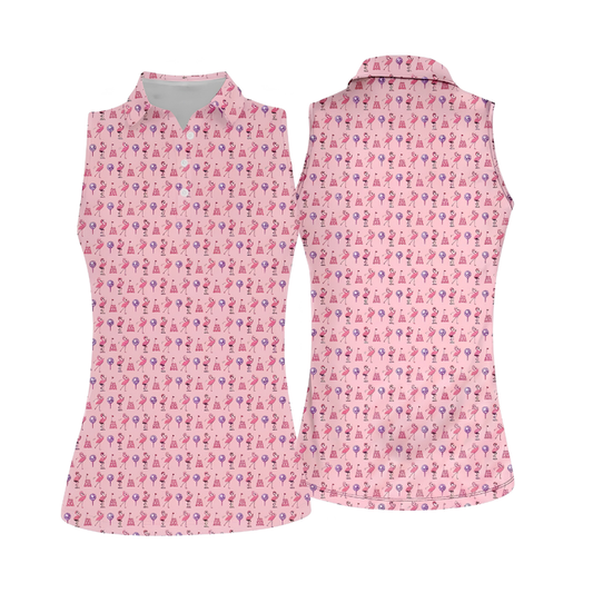 Par The Bar Disco Flamingo Sleeveless Golf Shirt For Ladies, Fun Flamingo Golf Shirt Wome GE0435