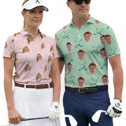 Custom Face Matching Men And Women Golf Polo Shirts, Custom Photo Golf Shirt For Couples GE0333