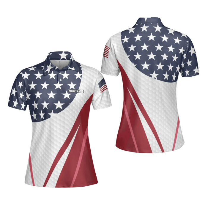 Red White And Blue American Flag Women's Custom Golf Polo Shirt, Custom Patriotic 4th Of July Golf Shirt For Ladies GE0453