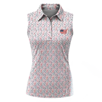 250th Anniversary Red White Blue Pattern Sleeveless Golf Shirt For Ladies, Women's 4th Of July Golf Shirt GE0410