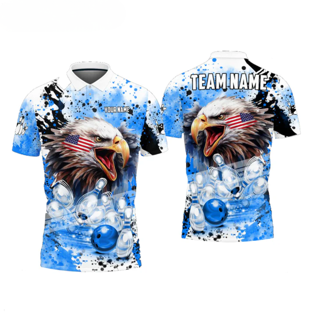 Bowling And Pins Eagle American Flag Paint Pattern Customized Name, Team Name 3D Polo Shirt BO0421