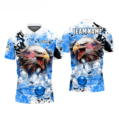 Bowling And Pins Eagle American Flag Paint Pattern Customized Name, Team Name 3D Polo Shirt BO0421