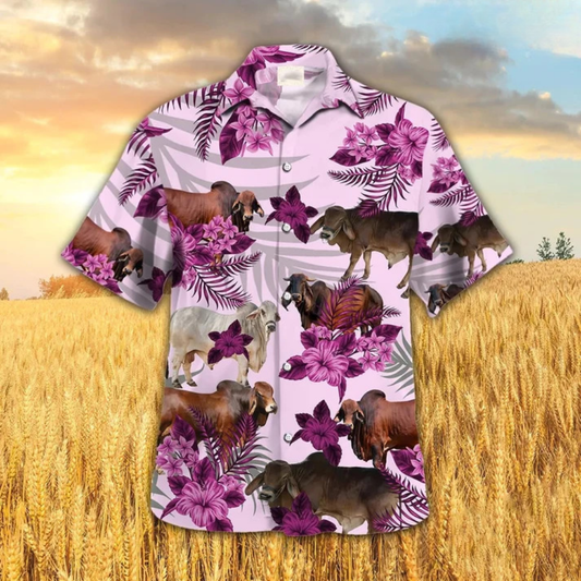 Brahman Hibiscus Hawaiian Shirt, Pink Cow Hawaii Aloha Shirt, Farmer Hawaiian Shirts Men Women HO4706