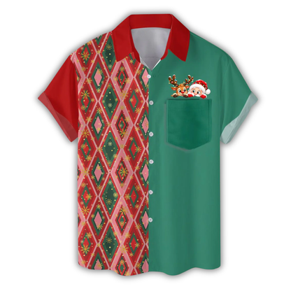 Santa Reindeer Pocket Argyle Hawaiian Shirt Green And Red, Christmas Retro Hawaiian Shirt HE0883