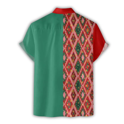 Santa Reindeer Pocket Argyle Hawaiian Shirt Green And Red, Christmas Retro Hawaiian Shirt HE0883