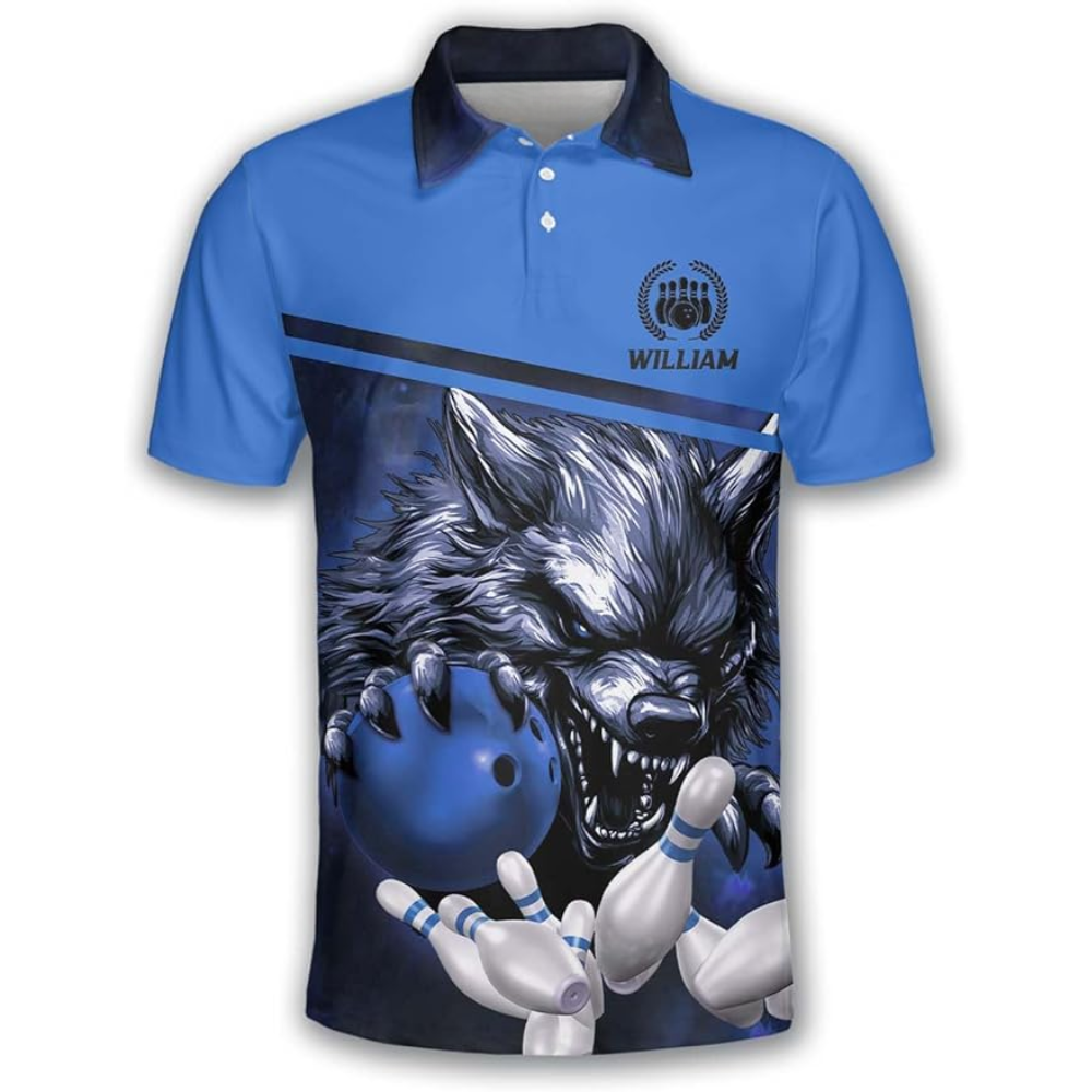 Wolf Custom Blue Bowling Polo Shirt For Men, Custom Wolf Bowling Team Shirts BZ0198